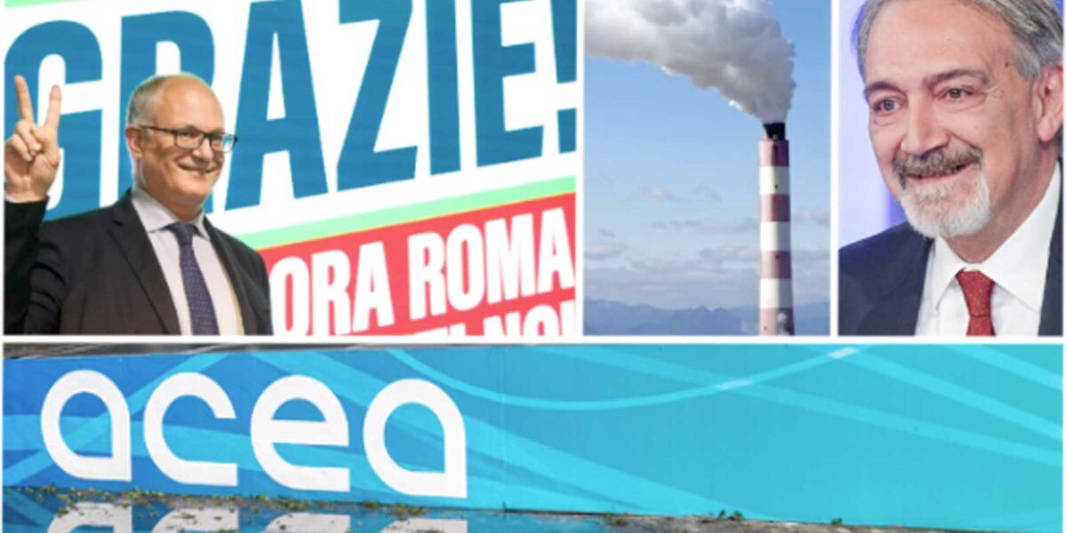 Roma, da sinistra il sindaco Roberto Gualtieri, un classico inceneritore, il govenrtaore del Lazio, Francesco Rocca,, in basso il classico logo Acea