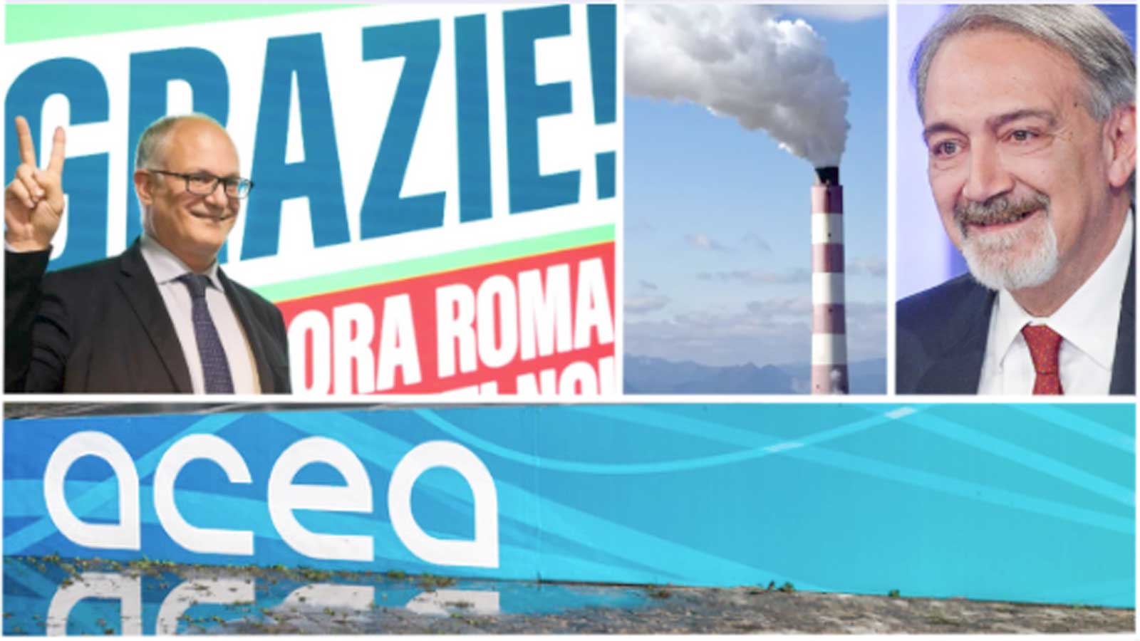 Roma, da sinistra il sindaco Roberto Gualtieri, un classico inceneritore, il govenrtaore del Lazio, Francesco Rocca,, in basso il classico logo Acea