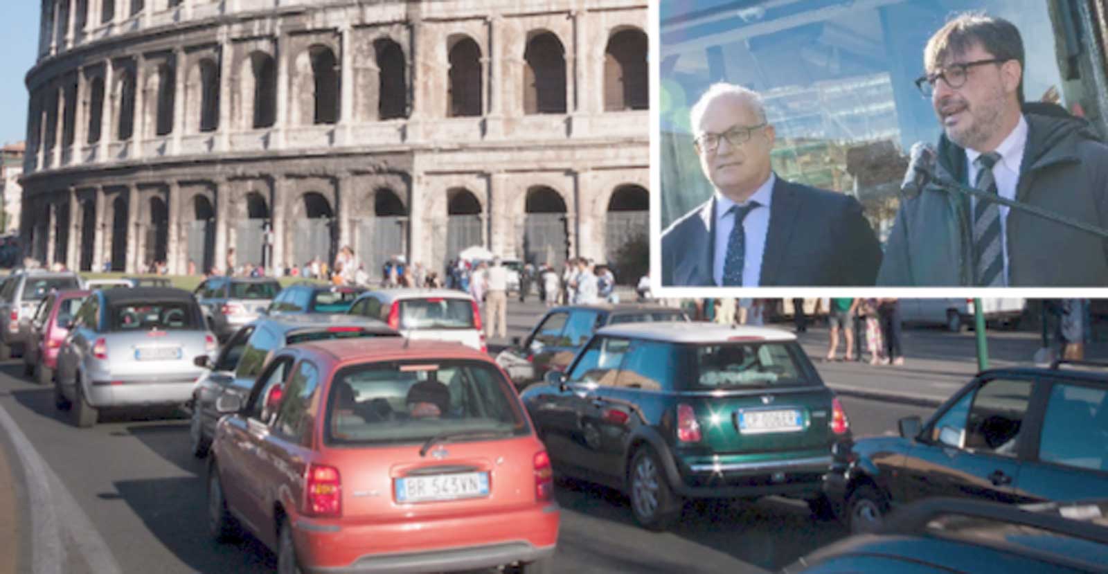 Roma, sullo sfondo, traffico al Colosseo, in primo piano il sindaco Roberto Gualtieri e l'assessore alla Mobilità Eugenio Patanè