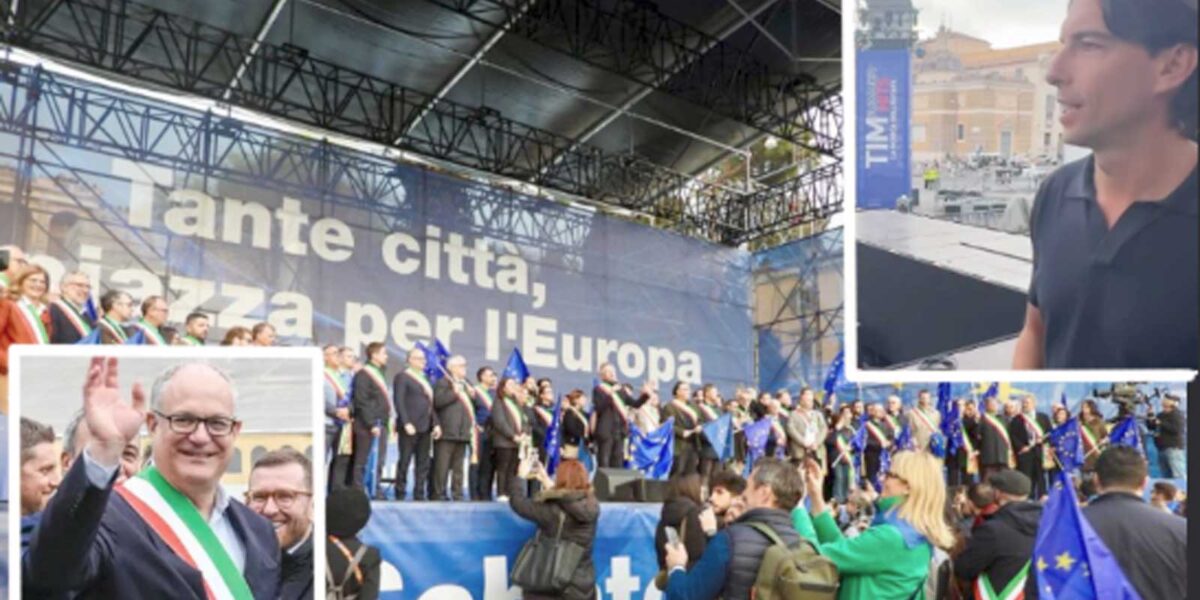Roma, il palco di La Repubblica per l'Europa Unita, pagato dal Campidolgio, in primo piano l'assessore Alessandro Onorato e il sindaco Roberto Gualtieri