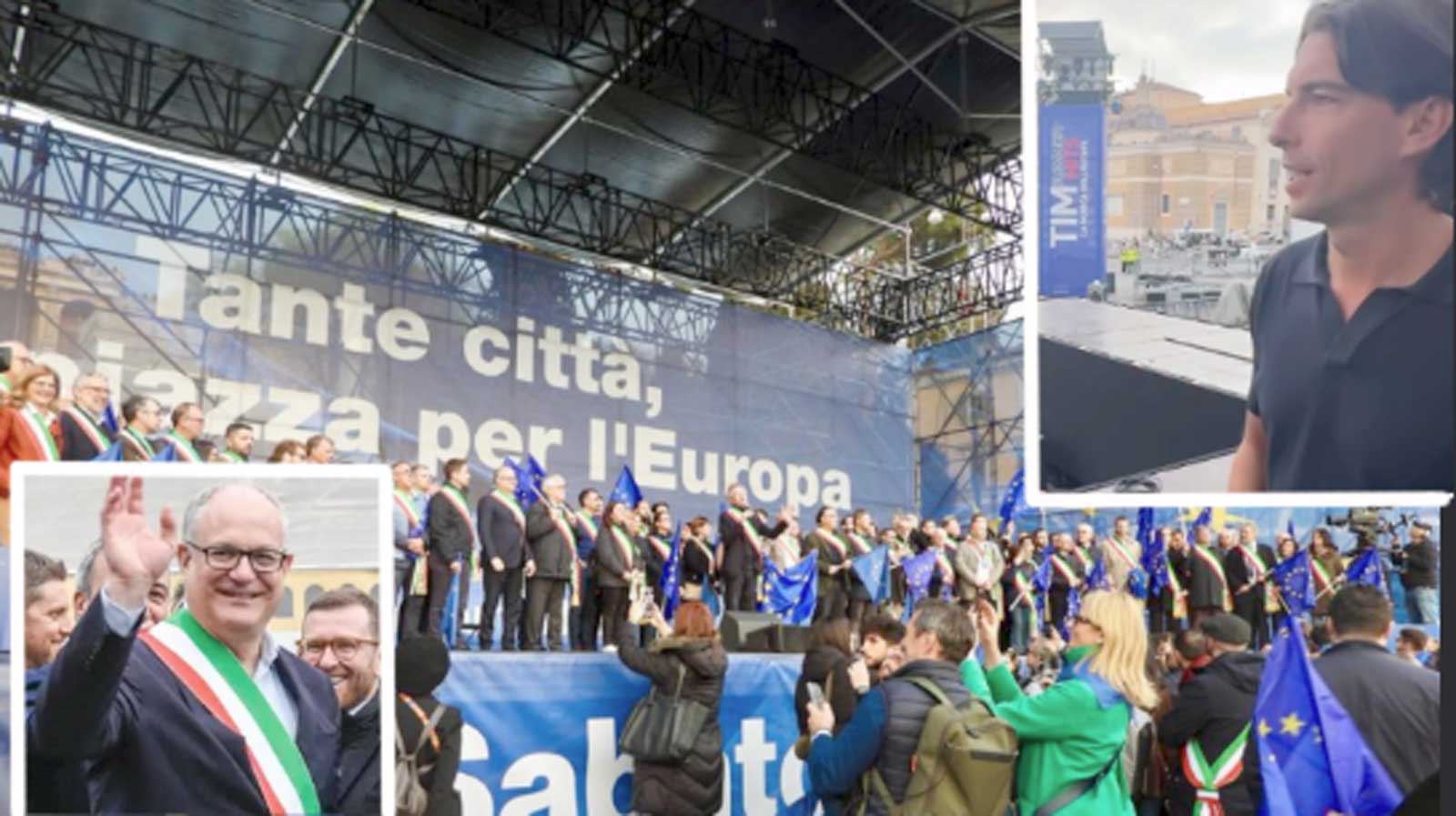 Roma, il palco di La Repubblica per l'Europa Unita, pagato dal Campidolgio, in primo piano l'assessore Alessandro Onorato e il sindaco Roberto Gualtieri