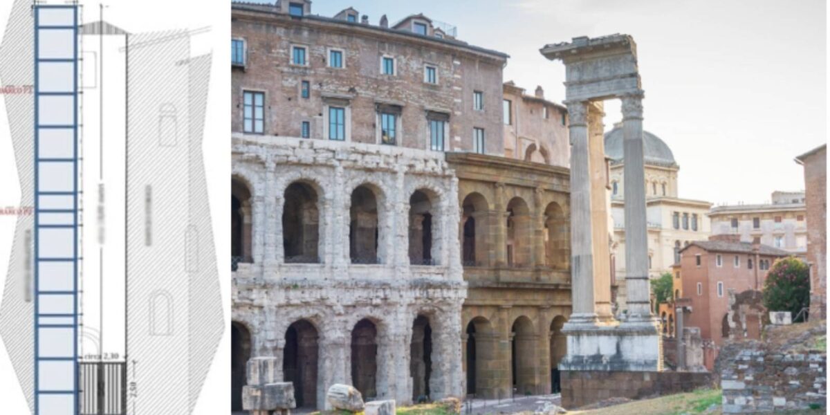 Roma, da sinistra il progetto del nuovo ascensore e il sito del teatro Marcello