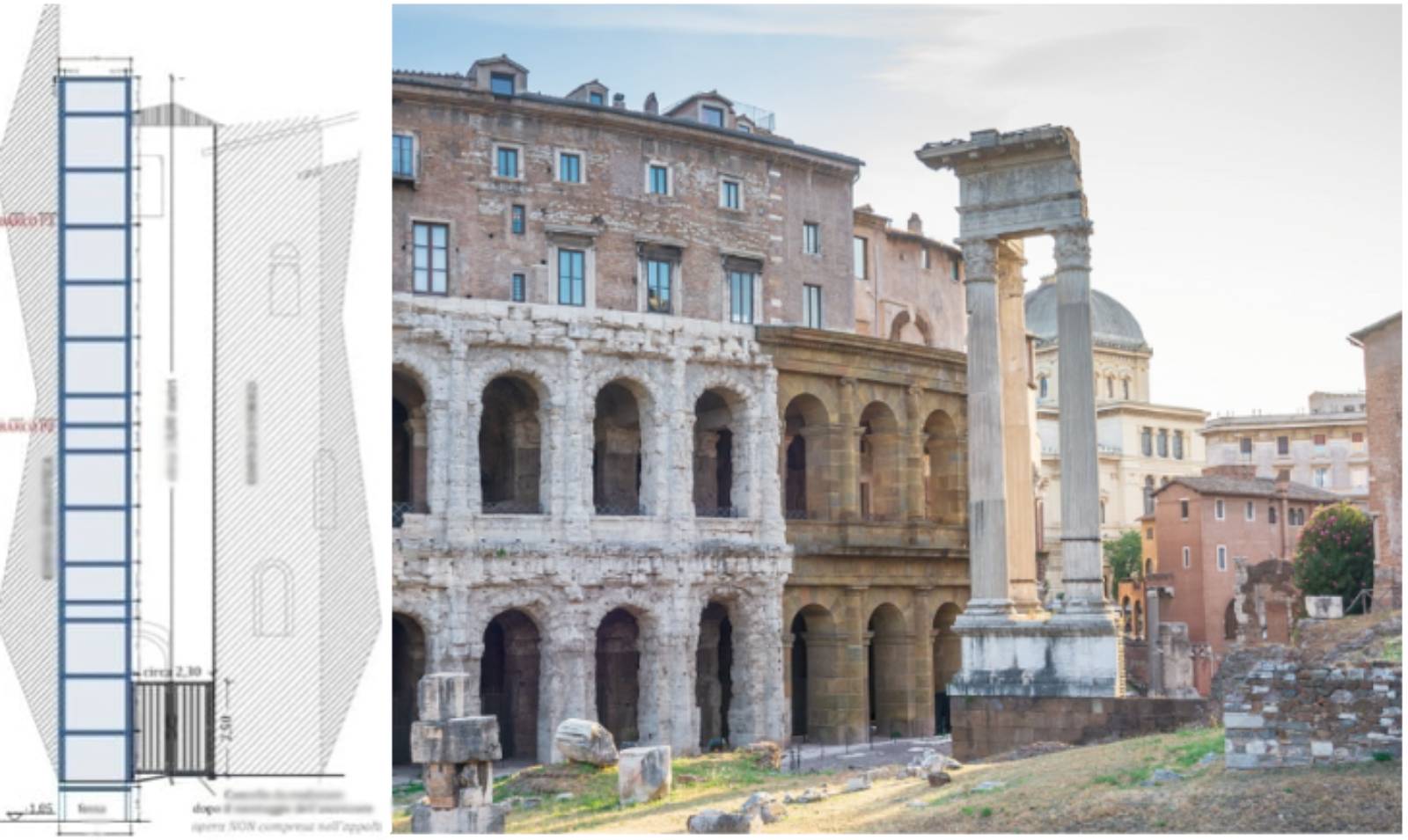 Roma, da sinistra il progetto del nuovo ascensore e il sito del teatro Marcello