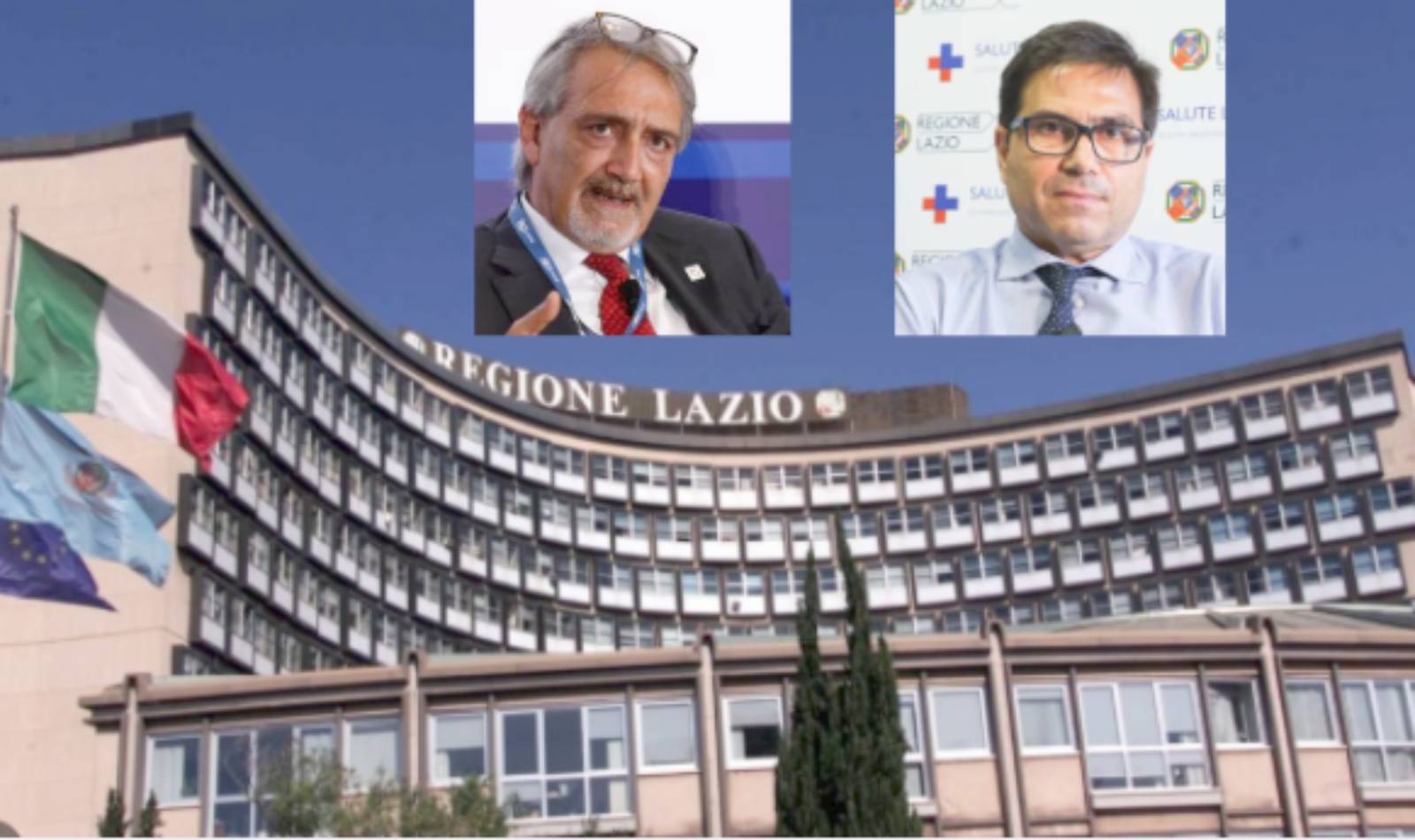 Sullo sfondo, la sede della Regione Lazio sulla via Cristoforo Colombo, in primo piano il Giovernatore Rocca e il consigliere in quota Azione Alessio D'Amato