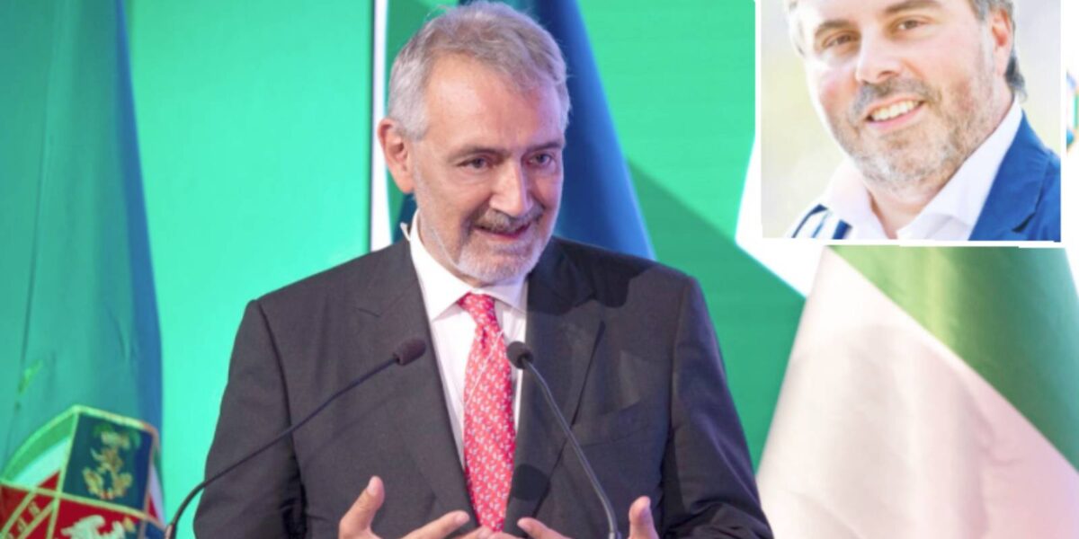 Sullo sfondo, il presidente della regione Lazio Francesco Rocca, a Osaka, Expo in Giappione 2025. In primo piano Luciano Nobili, presidente della Commissione Grandi Eventi