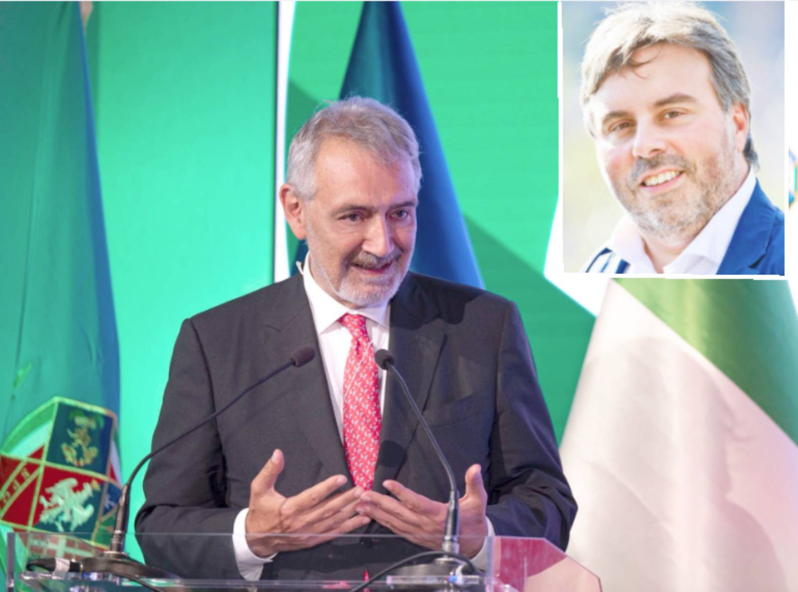 Sullo sfondo, il presidente della regione Lazio Francesco Rocca, a Osaka, Expo in Giappione 2025. In primo piano Luciano Nobili, presidente della Commissione Grandi Eventi