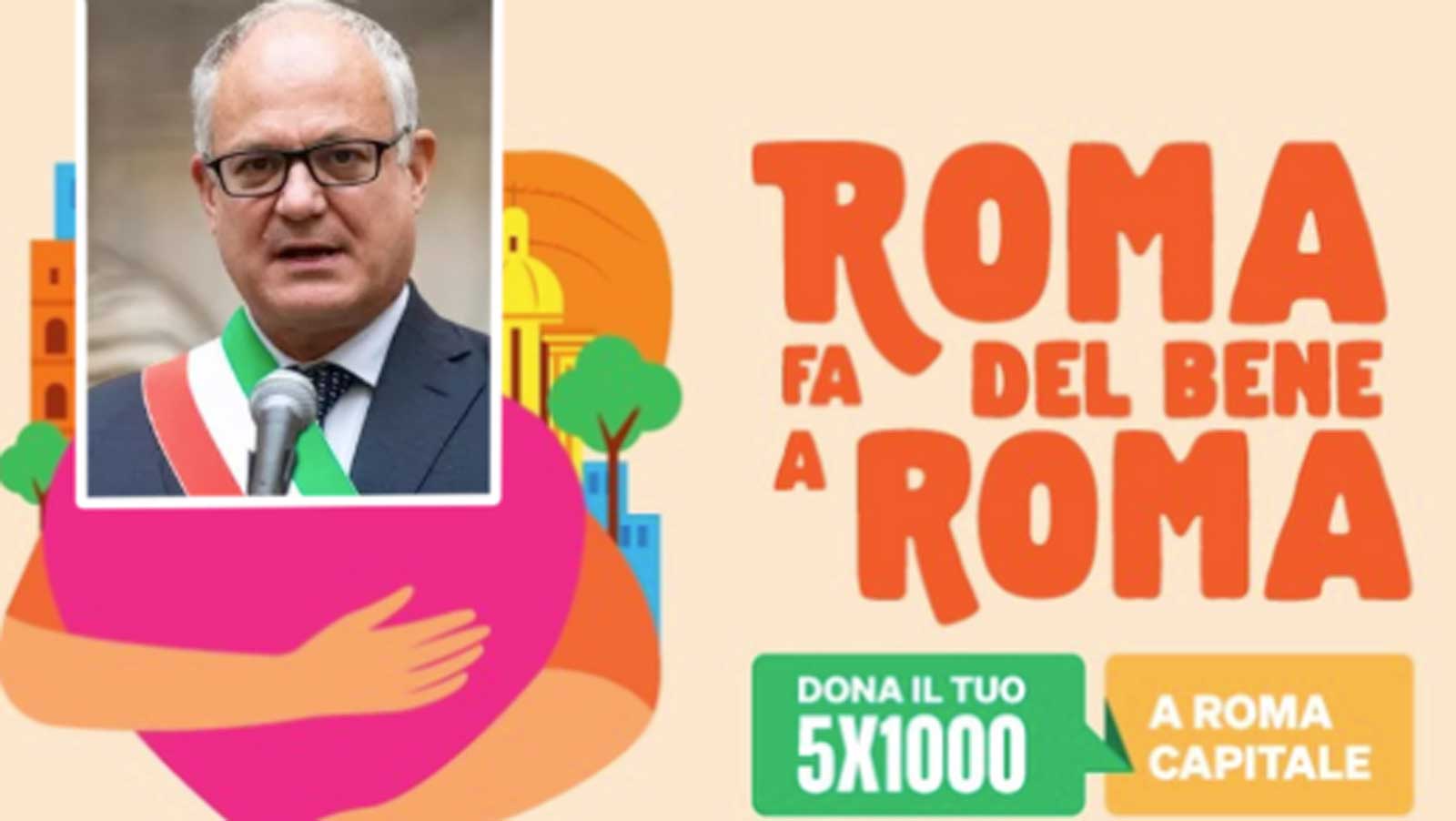 Roma, sullo sfondo la campagna del 5 x 1000 del comune di Roma, in primo piano il sindaco Roberto Gualtieri