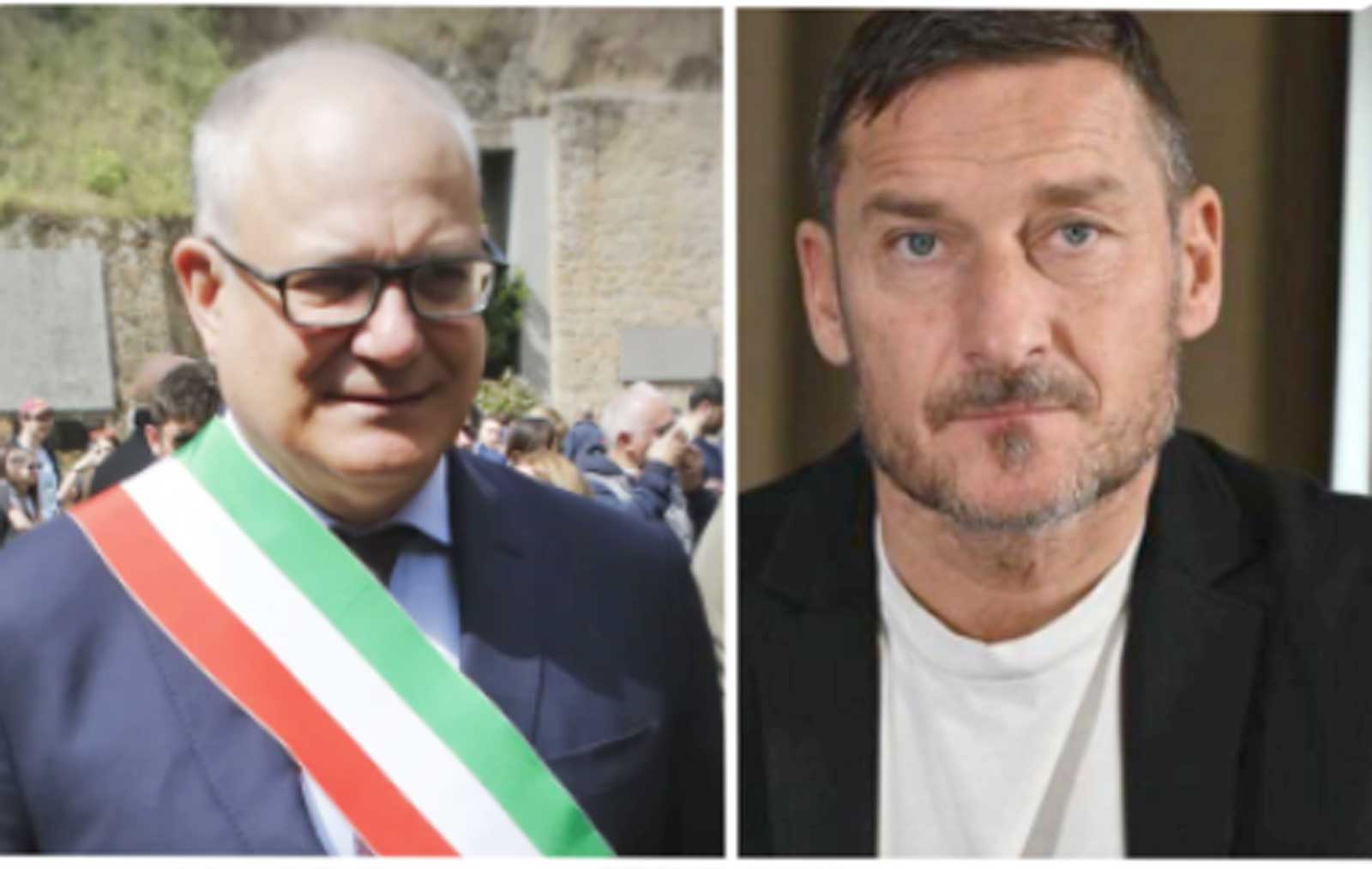 Roma, da sinistra, il sindaco Giualtieri, l'ex capitano giallorosso Francesco Totti