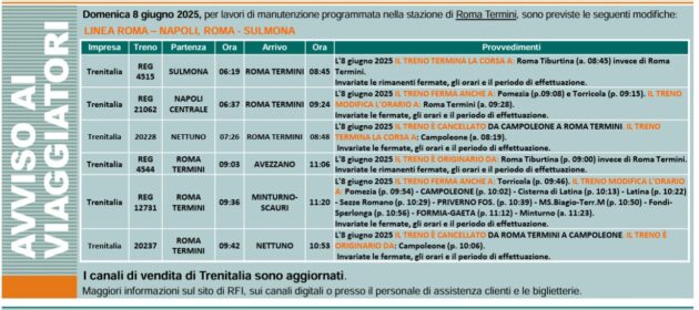 Lavori treni 8 giugno 2025
