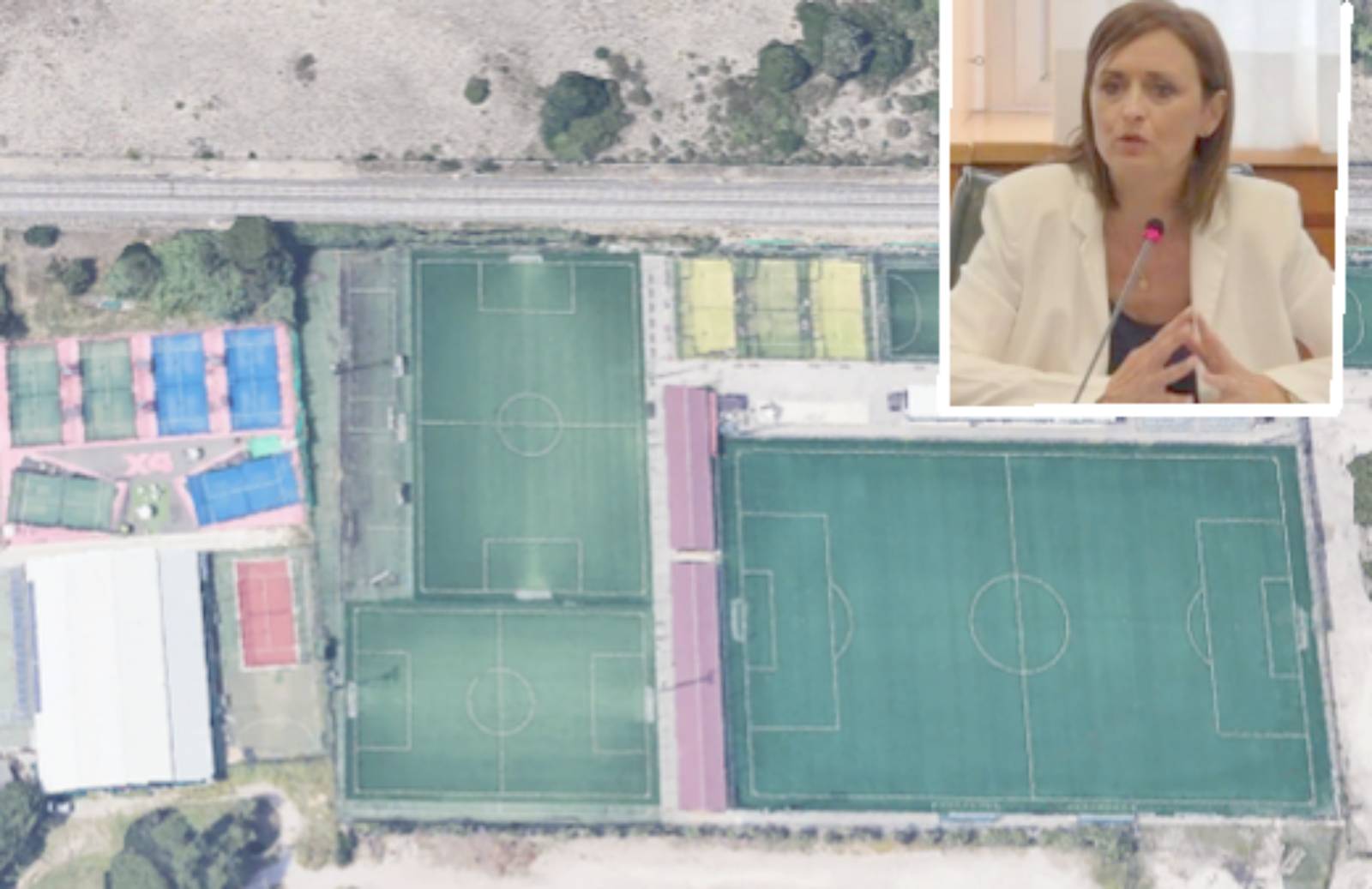 Sullo sfondo, un noto centro sportivo di Ostia, in primo piano, l'assessore regionale della giunta Rocca, Elena Palazzo