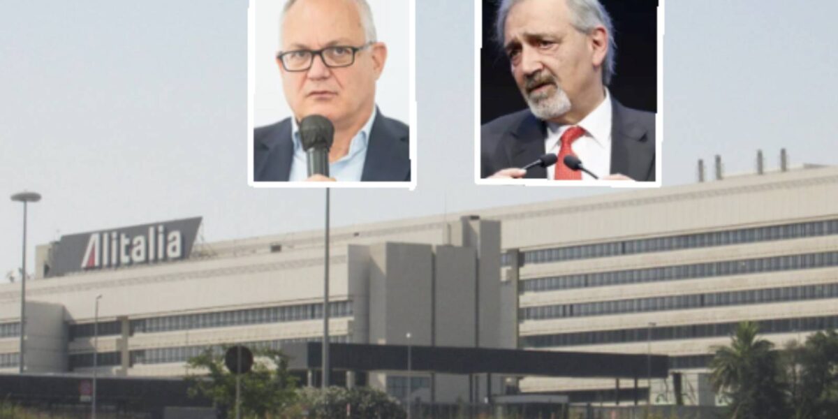 Sullo sfondo, l'ex Centro Direzionale Alitalia di Roma, in primo piano il sindaco di Roma, Roberto Gualtieri, e il governatore del Lazio, Francesco Rocca