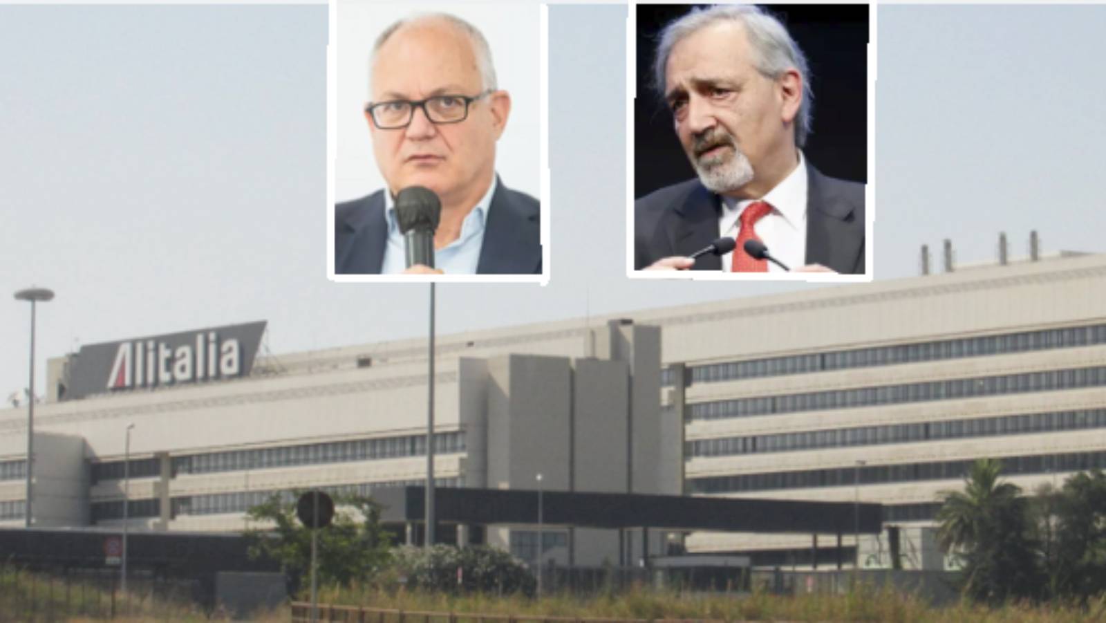 Sullo sfondo, l'ex Centro Direzionale Alitalia di Roma, in primo piano il sindaco di Roma, Roberto Gualtieri, e il governatore del Lazio, Francesco Rocca