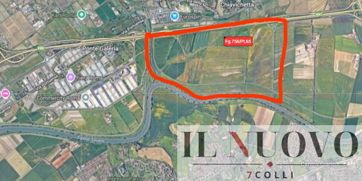 Autostrada Roma-Fiumicino, cerchiata in rosso l'area (indicata in modo approssimativo) sull'autostrada vicino alla Fiera su cui nascerà il maxi parcheggio, foto Catasto provincia di Roma