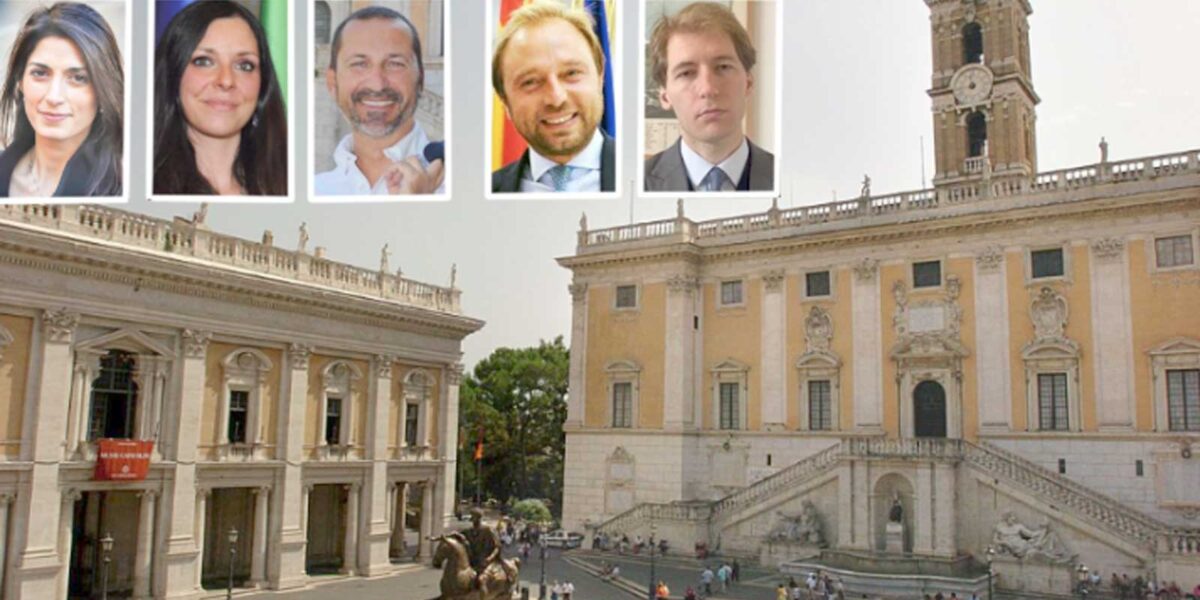 Roma, sullo sfondo il campidoglio, in primo piano i consiglieri Raggi, Meleo, Rocca, Carpano e Sartori