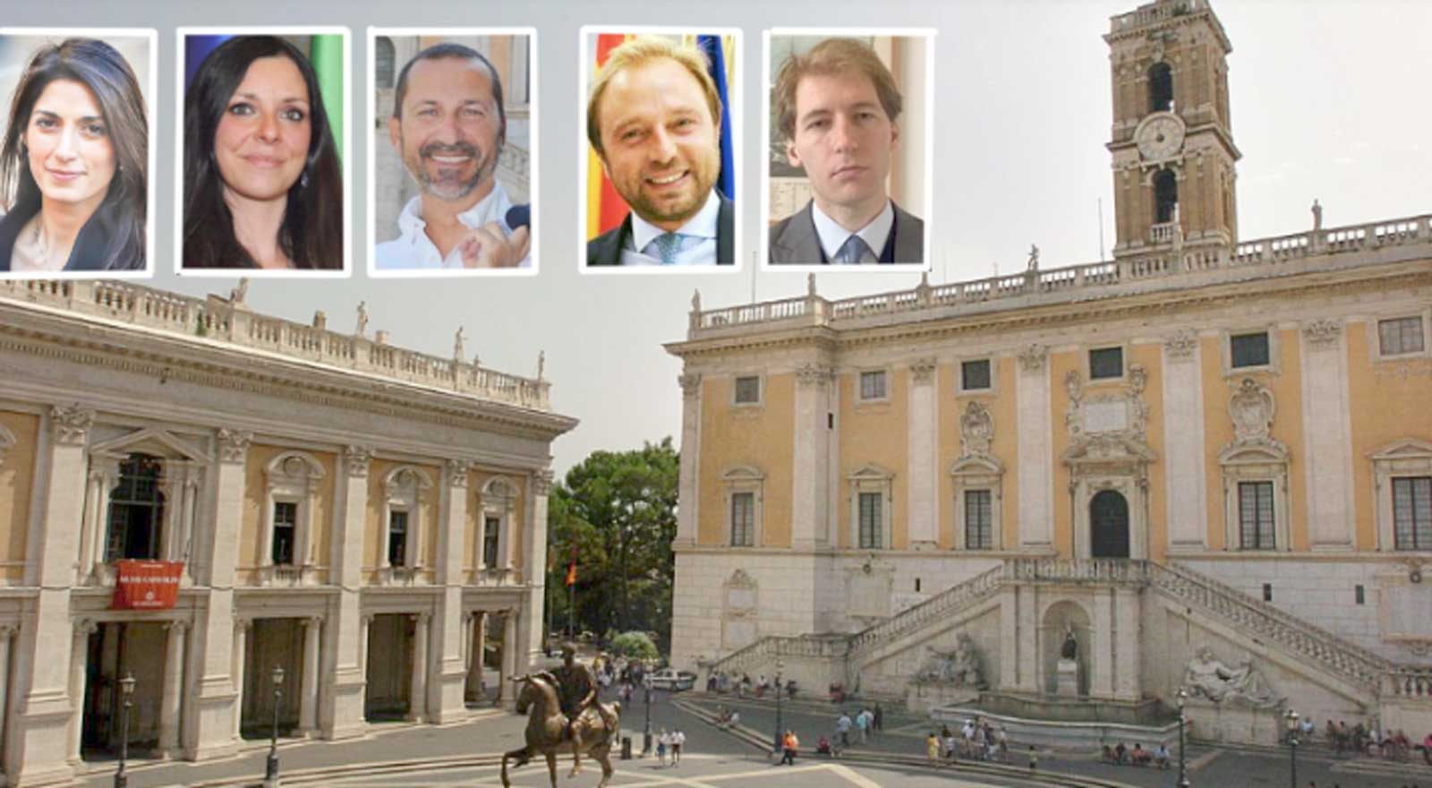 Roma, sullo sfondo il campidoglio, in primo piano i consiglieri Raggi, Meleo, Rocca, Carpano e Sartori