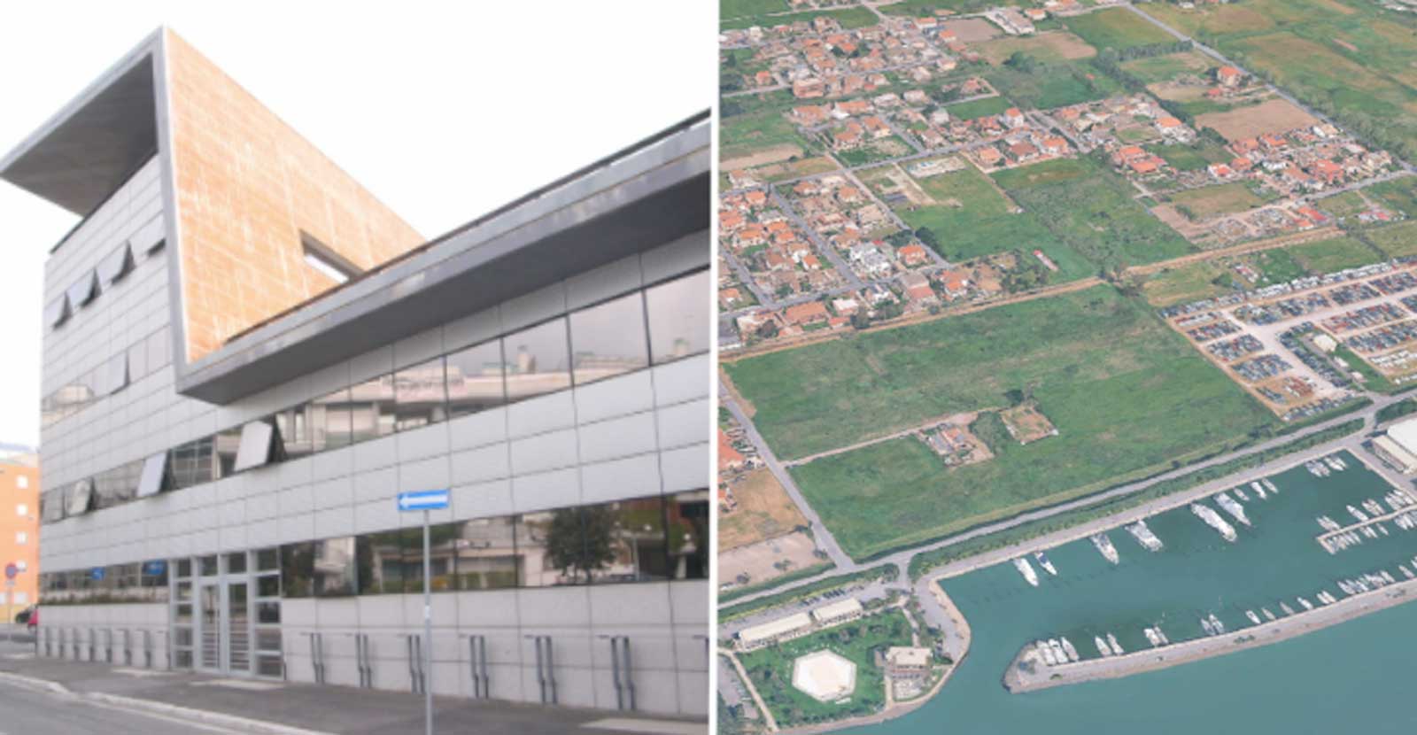 Da sinistra, il Comune di Fiumicino, a destra, l'area di Isola Sacra vista dall'alto, foto Google Maps