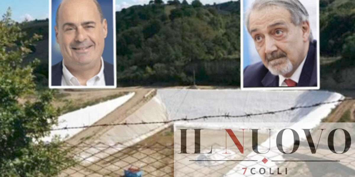 Sullo sfondo la discarica di Magliano Romano, in primo piano l'ex governatore Zingaretti e l'attuale governatore Rocca