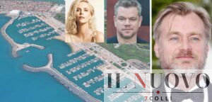 A sinistra, il porto turistico di Ostia, a destra il regista premio Oscar Nolan, in primo piano matt damon e A sinistra, il porto turistico di Ostia, a destra il regista premio Oscar Nolan, in primo piano Matt Damon e Charlize Theron
