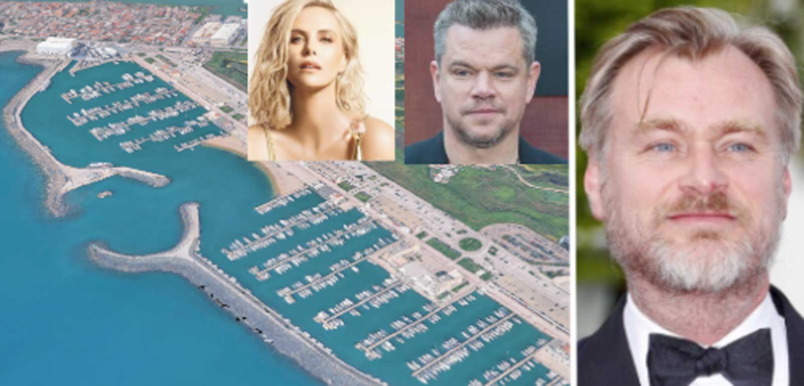 A sinistra, il porto turistico di Ostia, a destra il regista premio Oscar Nolan, in primo piano matt damon e A sinistra, il porto turistico di Ostia, a destra il regista premio Oscar Nolan, in primo piano Matt Damon e Charlize Theron