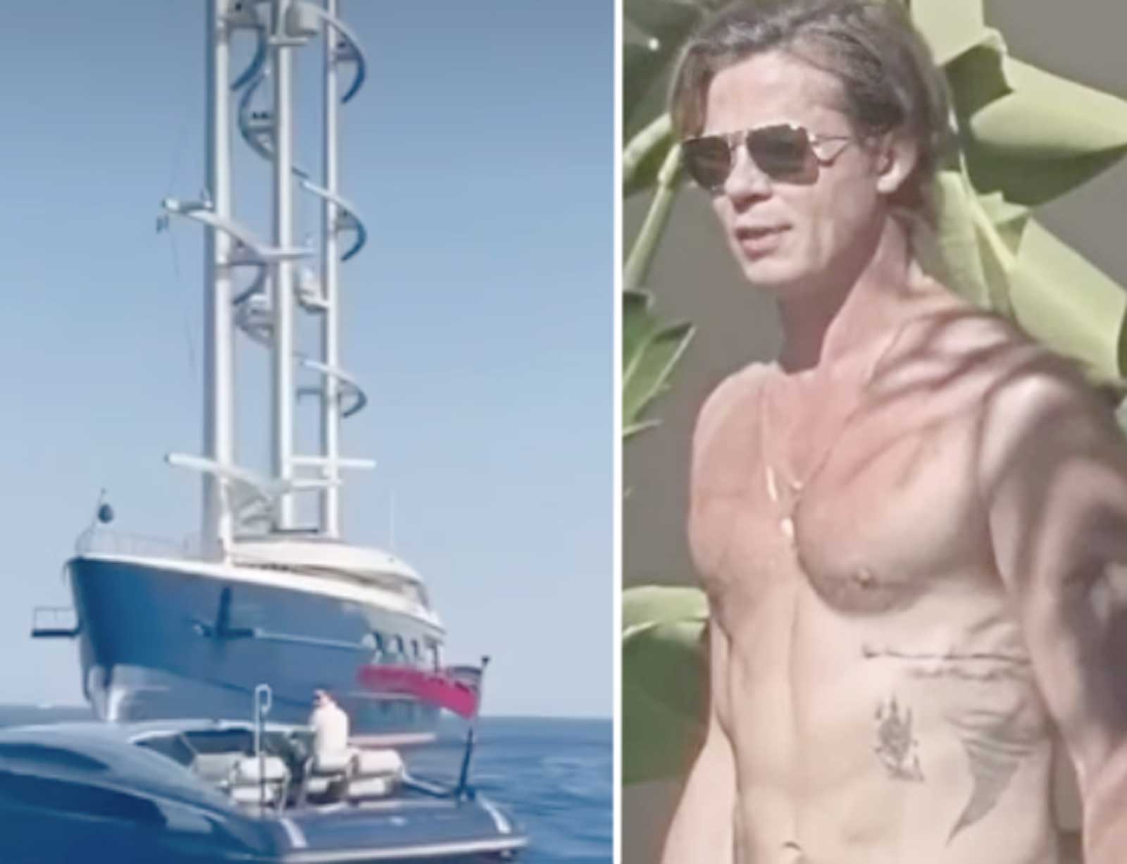 A sinistra, il Black Pearl a Ponza, a destra Brad Pitt