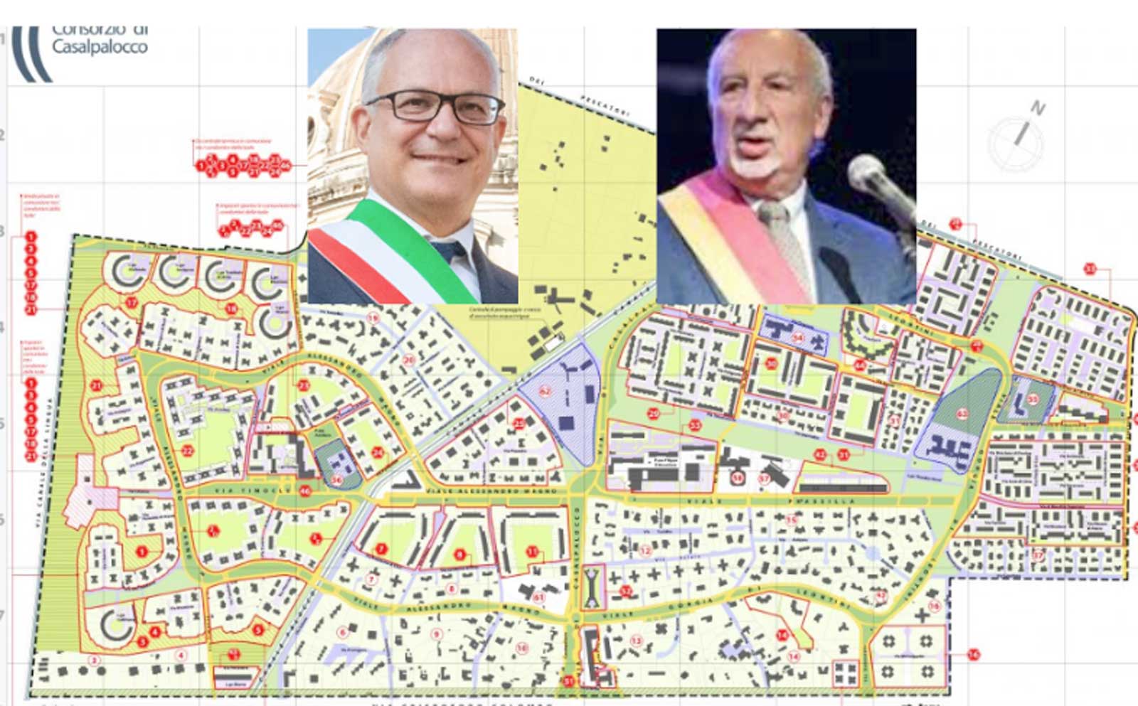 Roma, sullo sfondo la mappa del Consorzio di Casal Palocco, nel X Municipio, in primo piano sindaco di Roma Gualtieri e mini-sindaco Falconi