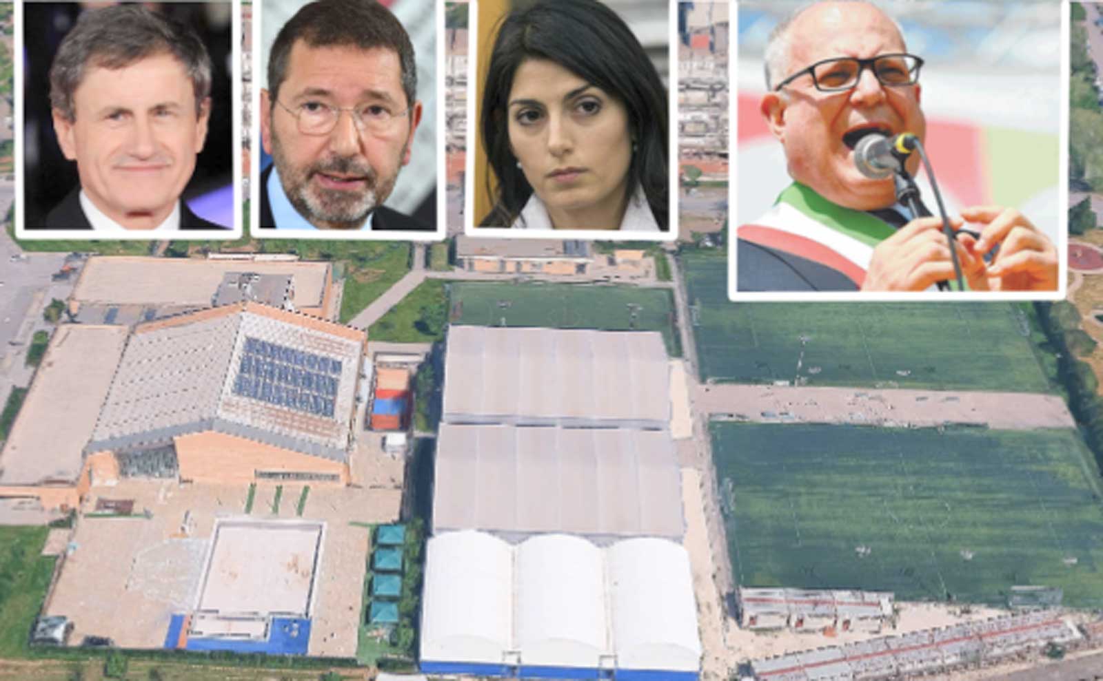 Roma, sullo sfondo il Centro Sportivo di Tor Sapienza, foto Google Maps, in primo piano, da sinistra, gli ex sindaci Alemanno, Marino, Raggi e l'attuale primo cittadino Gualtieri