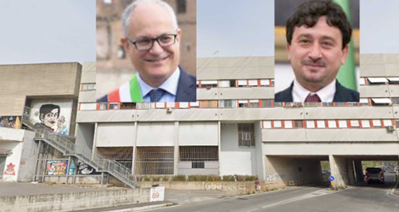 Roma, sullo sfondo l'edificio in cui sorgerà il nuovo Mercato Cotadino, in primo piano il sindaco Gualtieri e l'assessore Veloccia
