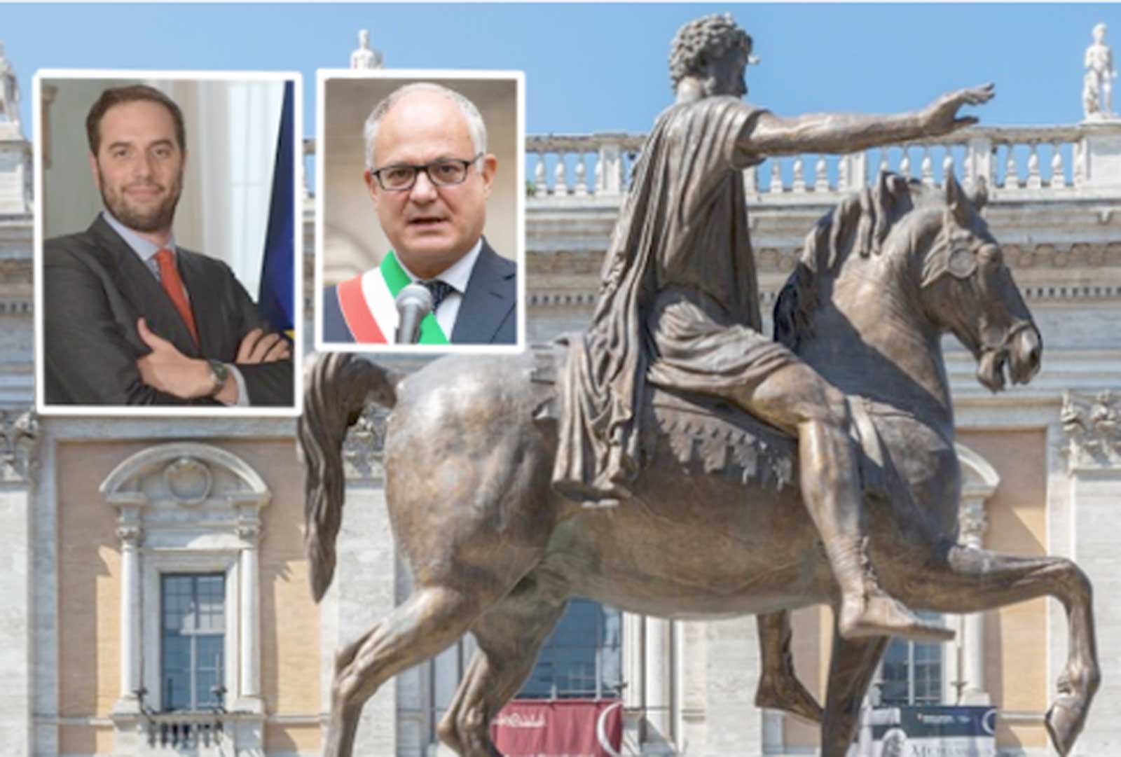 Roma, sullo sfondo il Marco Aurelio di piazza del Campidoglio, in primo piano l'assessore Zevi e il sindaco Gualtieri