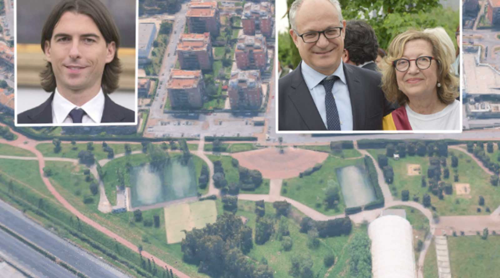 Roma, sullo sfondo l'area verde del IX Municipio concessa al privato, in primo piano il sindaco Roberto Gualtioeri e il mini sindaco Titti di Salvo e l'assessore allo Sport Alessandro Onorato