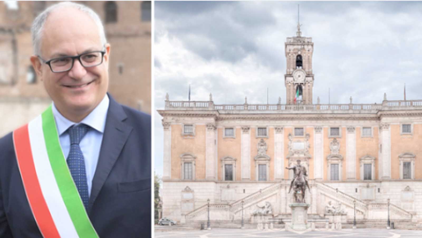 Da sinistra, il sindaco di Roma Roberto Gualtieri, a destra la sede del Campidoglio di Roma