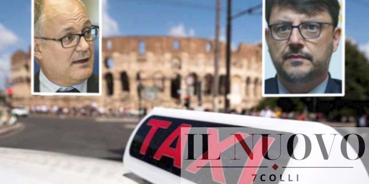 Roma, sullo sfondo il Colosseo e un taxi, in primo piano il sindaco Gualtieri e l'assessore Patanè