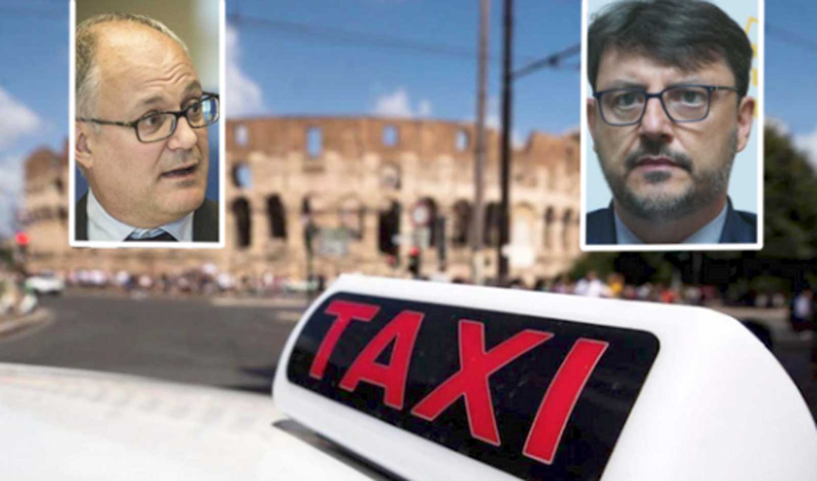 Roma, sullo sfondo il Colosseo e un taxi, in primo piano il sindaco Gualtieri e l'assessore Patanè