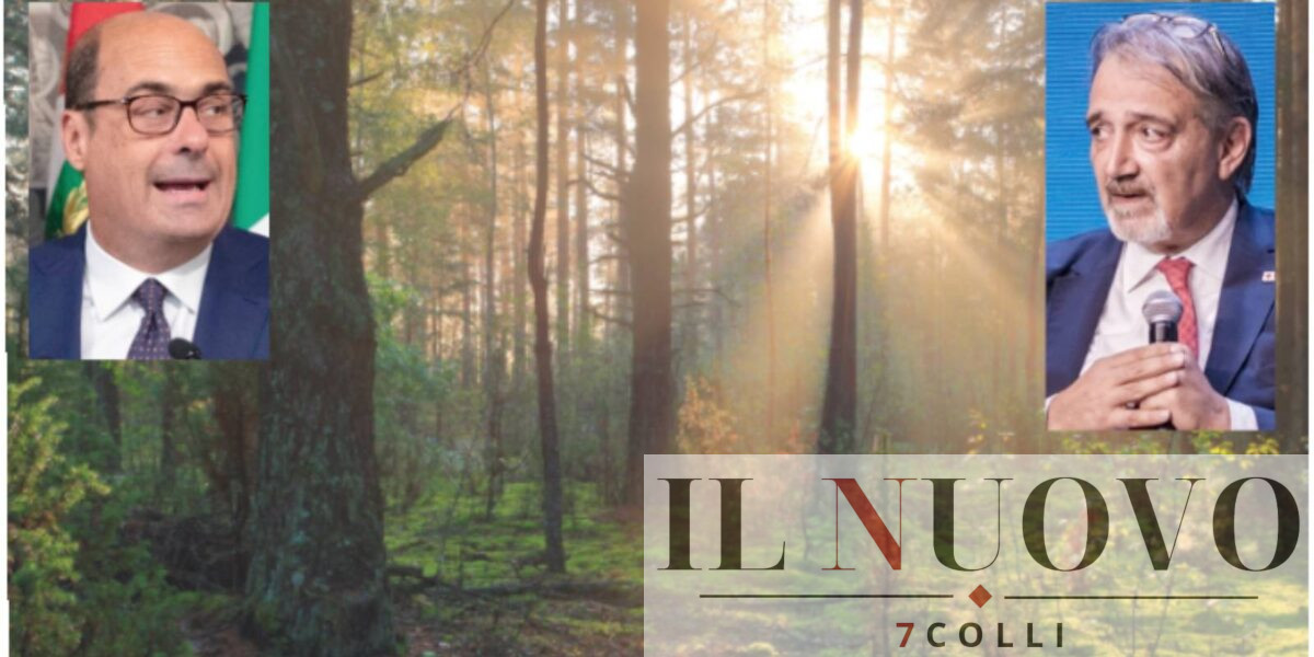 Sullo sfondo, un classico bosco, come quello di Fiumicino, in primo piano, l'ex governatore Zingaretti e l'attuale presidente Rocca