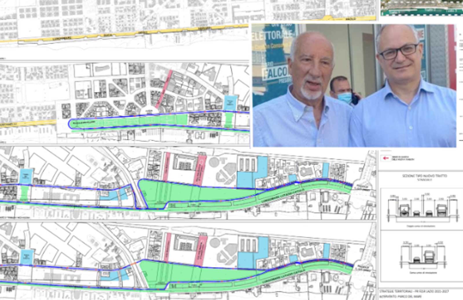 Ostia, sullo sfondo il progetto del Parco del mare, in primo Piano sindaco Gualtieri e mini sindaco di Ostia Mario Falconi