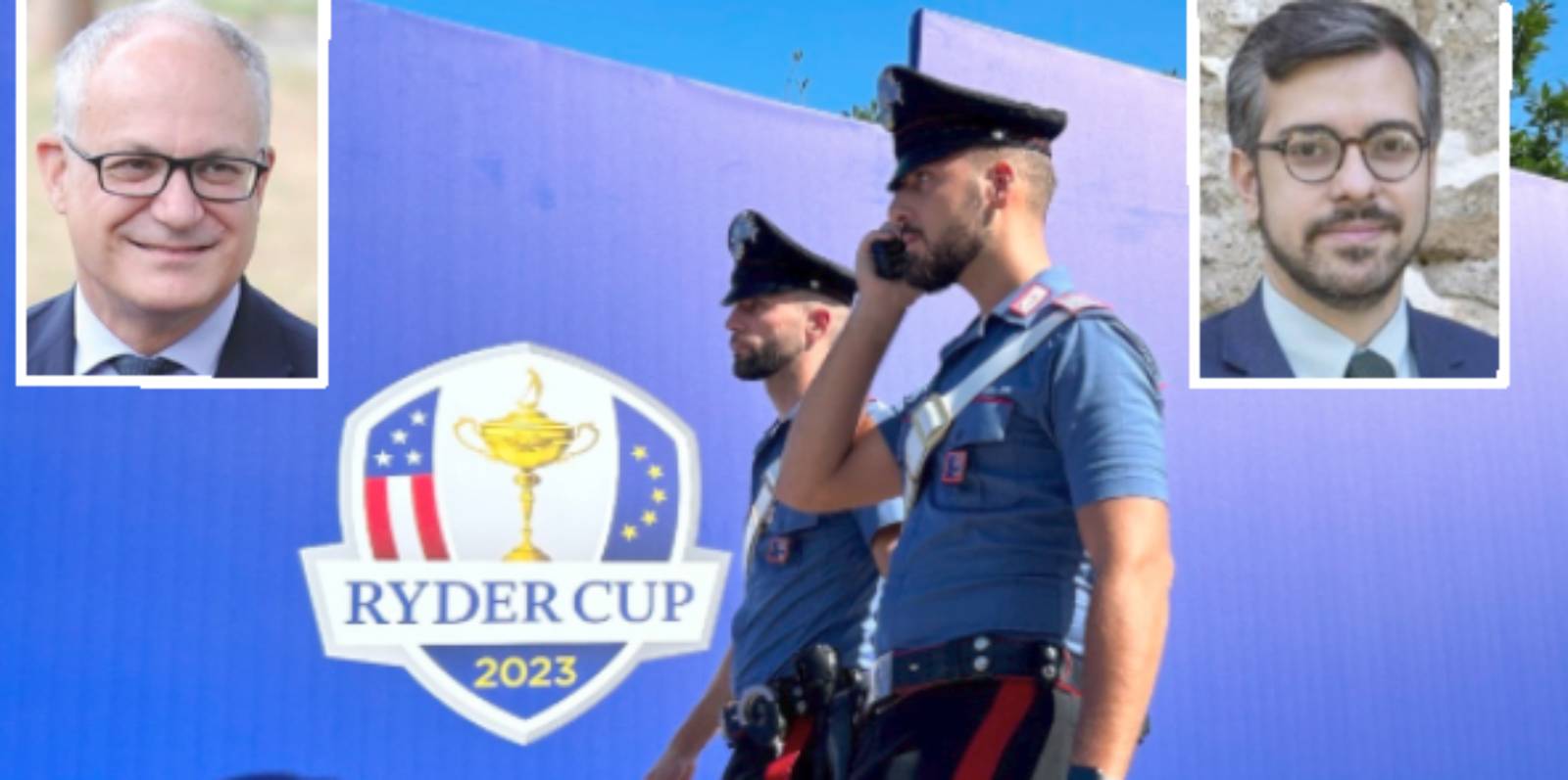Roma, sullo sfondo il logo della Ryders Cup 2023 di golf, in primo piano il sindaco di Roma Roberto Gualtieri e il suo vice in Città Metropolitana di Roma, Pierluigi Sanna