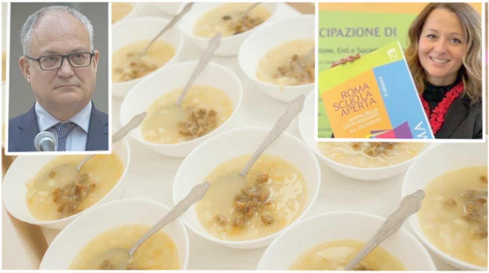 Roma, sullo sfondo un classico pasto di una mesa di una scuola, in primo piano il sindaco Roberto Gualtieri e l'assessore alla Scuola, Claudia Pratelli