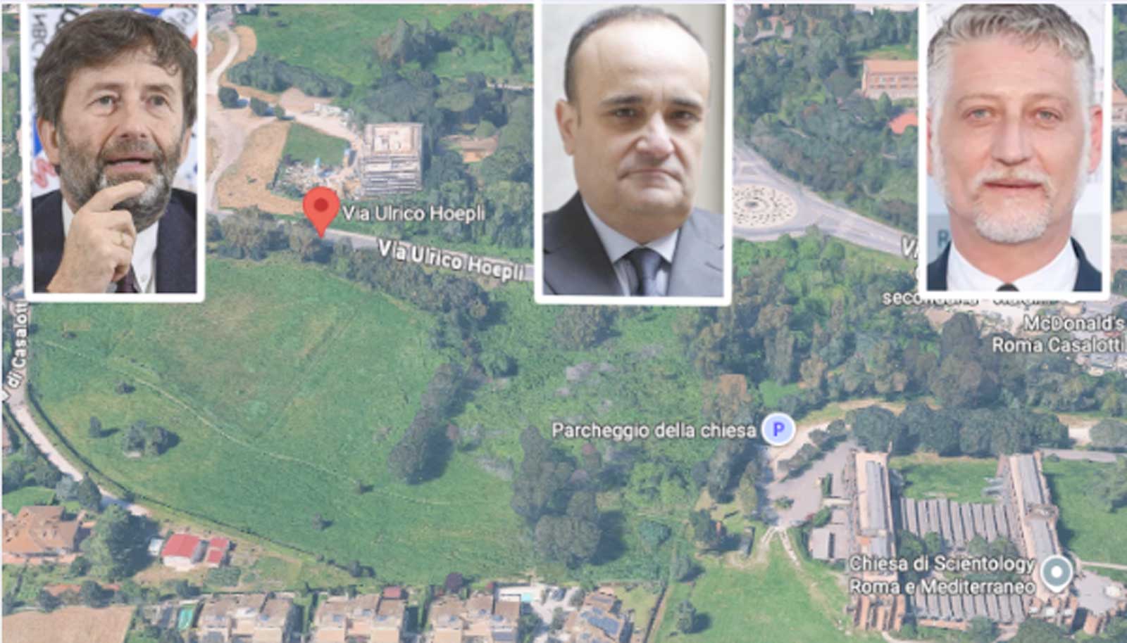 Roma, sullo sfondo l'area su cui sorgerà i nuovo market, nei pressi di via Via Ulrico Hoepli, Municipio XIII di Roma, fioto Google Maps, in primo piano gli ex Ministri della Cultura Franceschini, Bonisoli e l'attuale ministro Giuli