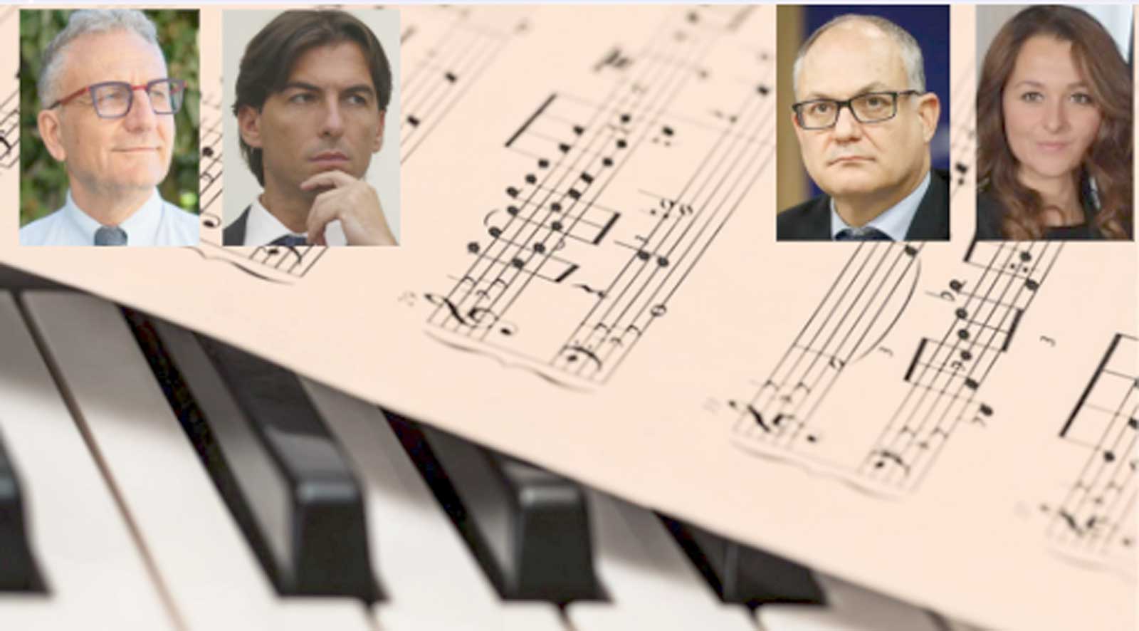 Roma, sullo sfondo uno spartito musicale, in primo piano il sindaco Giualtieri, gli assessori Smeriglio (Cultura, Onorato (Sport) e Pratelli (Scuola)