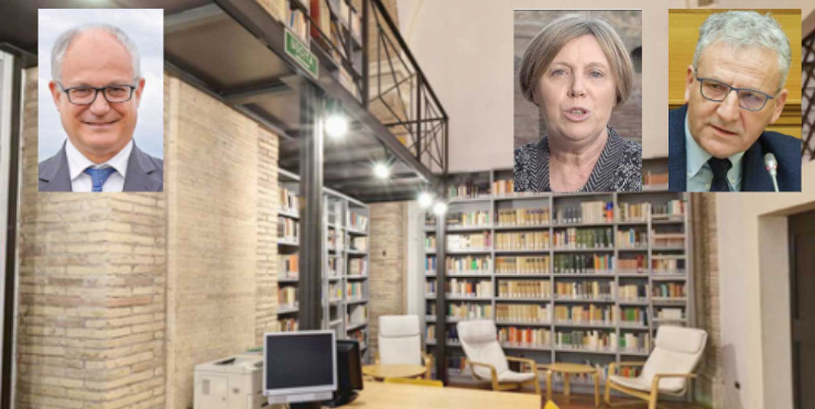 Roma, sullo sfondo una biblioteca capitolina, in primo piano il sindaco, la nuova direttrice Simona Cives e l'assessore alla Cultura Smeriglio