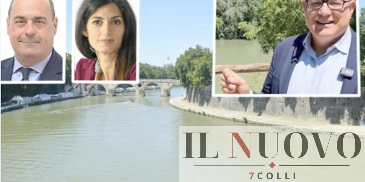 Roma, sullo sfondo il fiume Tevere, in primo piano l'ex Governatore del Lazio Nicola Zingaretti, l'ex sindaca di Roma Virginia Raggi, infine l'attuale sindaco di Roma Roberto Gualtieri