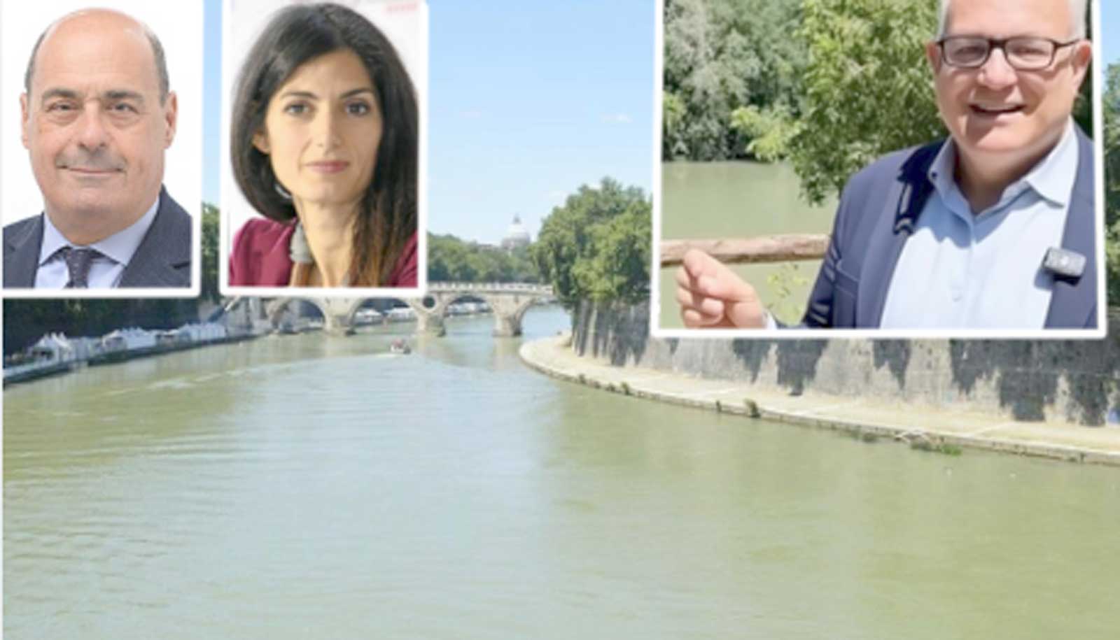 Roma, sullo sfondo il fiume Tevere, in primo piano l'ex Governatore del Lazio Nicola Zingaretti, l'ex sindaca di Roma Virginia Raggi, infine l'attuale sindaco di Roma Roberto Gualtieri