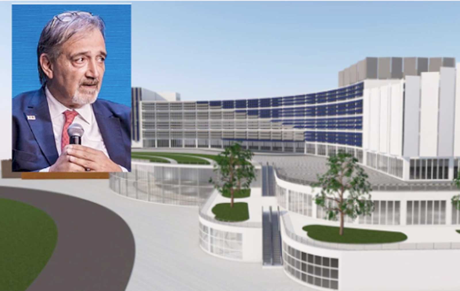 Regione Lazio, sullo sfondo il rendering del nuovo Ospedale Tiburtino a Tivoli, in primo piano il governatore del Lazio Francesco Rocca - www.7
