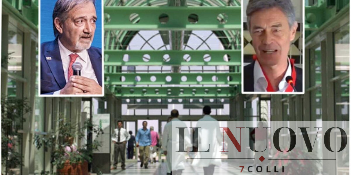 Roma, sullo sfondo l'ingresso al Policlinico di Tor Vergata, in primo piano il governatore del Lazio Francesco Rocca e il direttore in pectore dell'Ospedale, il dottor Ferdinando Romano