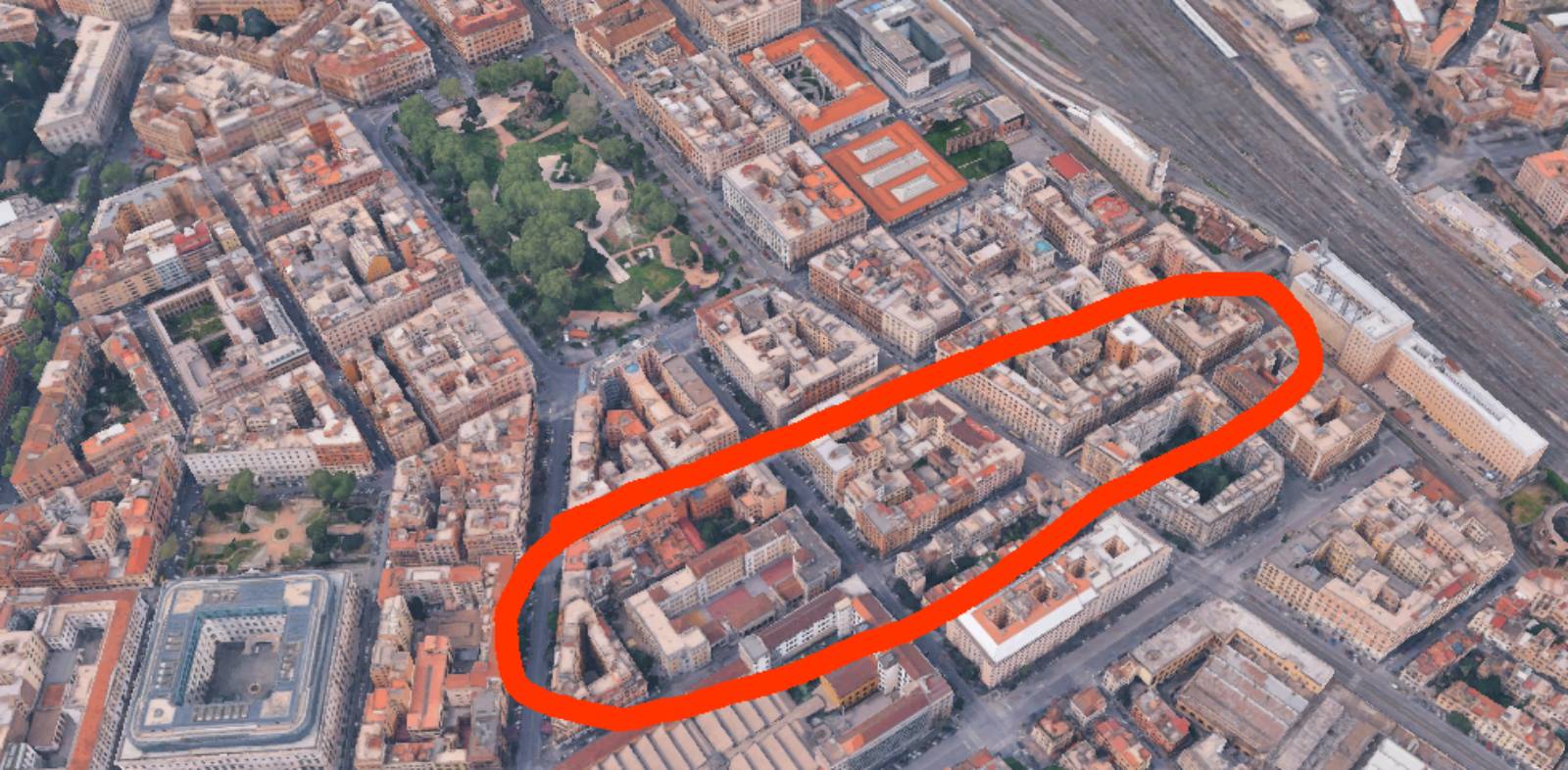 Roma, l'area tra Termini, Manzoni e piazza Vittorio che diverrà pedonale, foto Google Maps