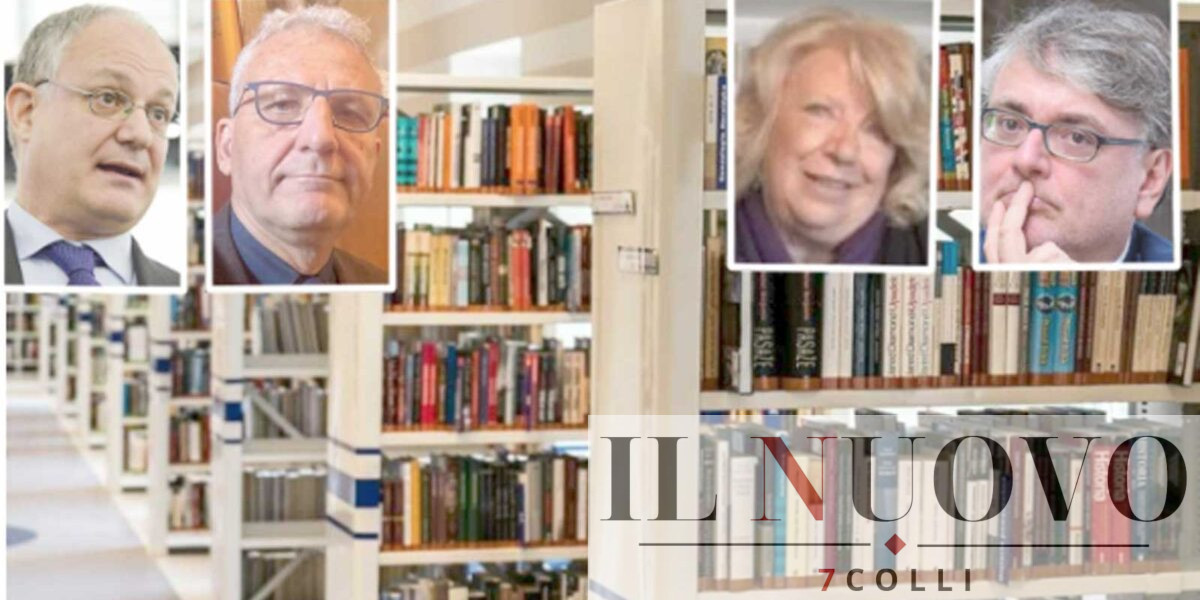 Roma, sullo sfondo una biblioteca della Capitale, in primo piano il sindaco Gualtieri, l'assessore Smeriglio, l'ex assessore Gotor e l'attuale presidente del CDA del Sistema Biblioteche Mondello
