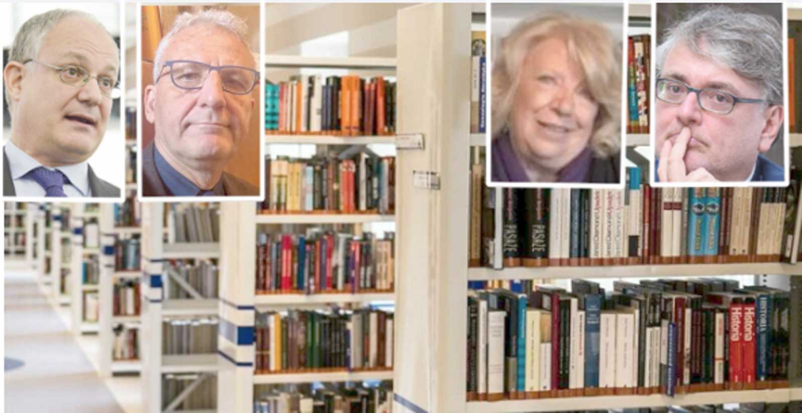 Roma, sullo sfondo una biblioteca della Capitale, in primo piano il sindaco Gualtieri, l'assessore Smeriglio, l'ex assessore Gotor e l'attuale presidente del CDA del Sistema Biblioteche Mondello