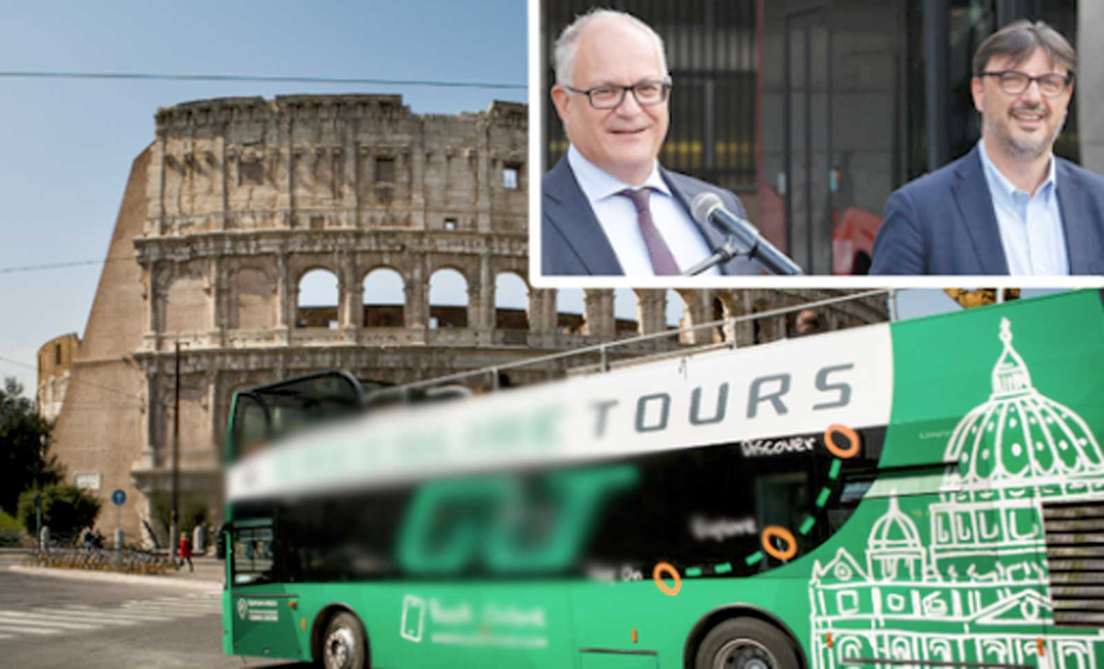 Roma, sullo sfondo un bus da e per gli aeroporti di Fiumicino e Ciampino dal Colosseo, in primo piano l'assessore alla Mobilità Patanè e il sindaco Gualtieri