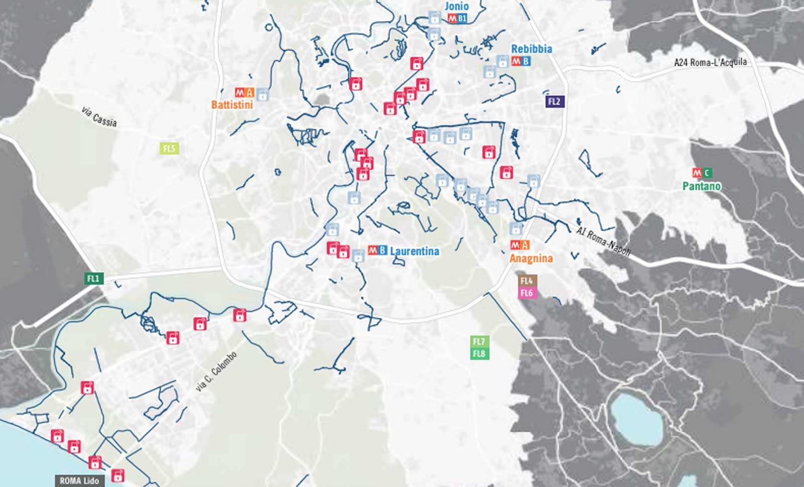 Roma, ciclabili, la mappa aggiornata dei cantieri della Capitale, stralcio del rapporto Mobilità 2025