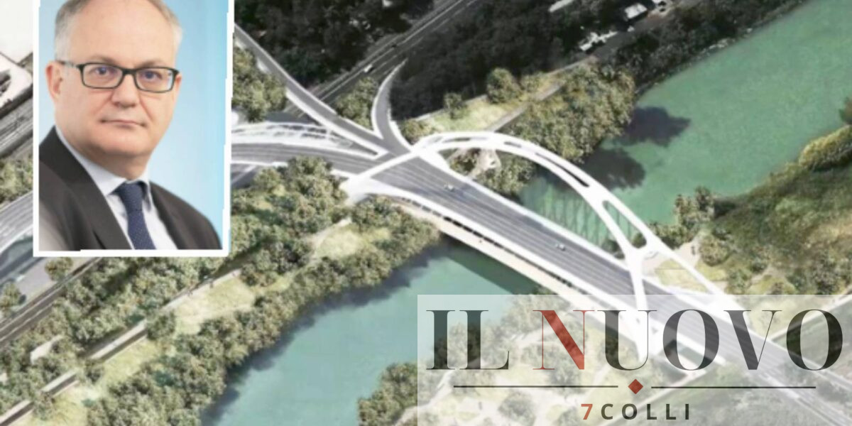 Sullo sfondo, il rendering del nuovo Ponte dei Congressi tra Roma e Fiumicino, foto Comune di Roma, in primo Piano il sindaco Gualtieri