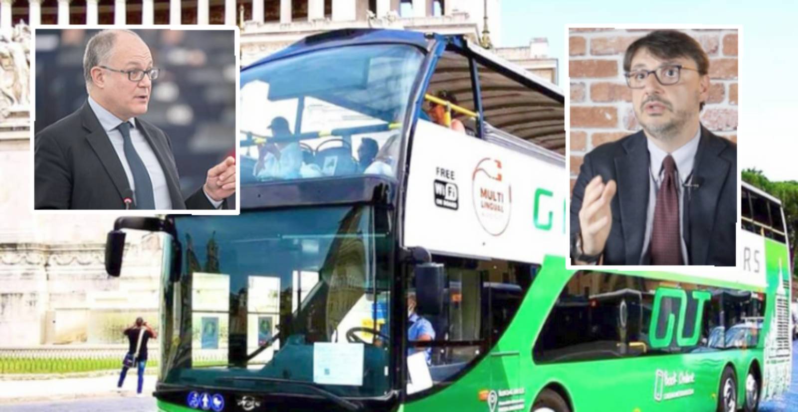 Roma, sullo sfondo un bus granturismo, in primo piano sindaco Gualtieri e assessore alla Mobilità Patanè